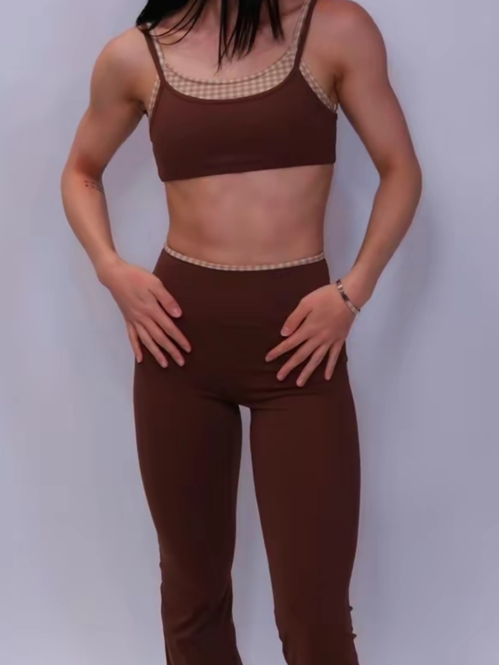 Brown Gingham Trim Bralette and Leggings Set - Women Intimates & Sleepwear